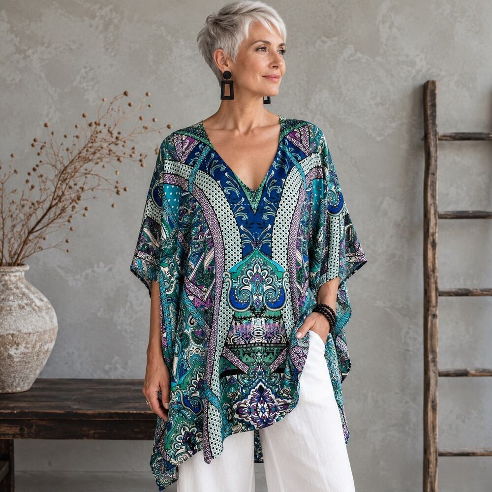 Chico's Blue Purple Green Paisley Floral Poncho Small/ Medium